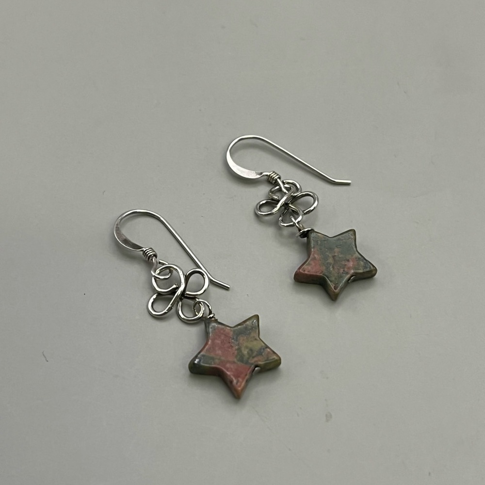 Star Shaped Unakite Gemstone Silver Dangle Earrings